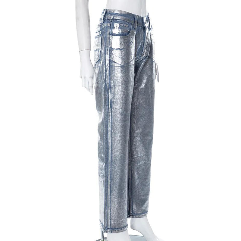 Description Picture 3 of itemBKQU Metallic High Waist Straight Jeans Women 2023 Autumn New Printing Loose Wide Leg Denim Pants Streetwear Harajuku Vintage