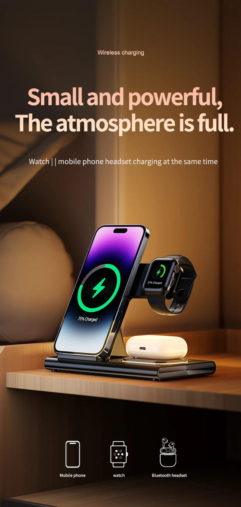 Description Picture 3 of item30W Foldable Fast Wireless Charger Stand For iPhone 14 13 12 Pro Apple Samsung Watch 8 7 6 5 Airpod 3 in 1 Charging Dock Station