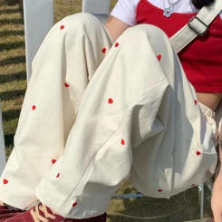 HOUZHOU Korean Style Women Sports Pants Cute Wide Leg Pants Fashion Love Print Jokers Trousers Female Harajuku Sweatpants Beige