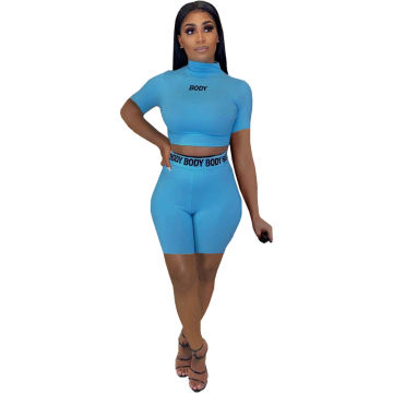 Turleneck Letter Printed Two Piece Set Tracksuit Women Short Sleeve Crop Top Bodycon Shorts Suits Fitness Casual Matching Sets