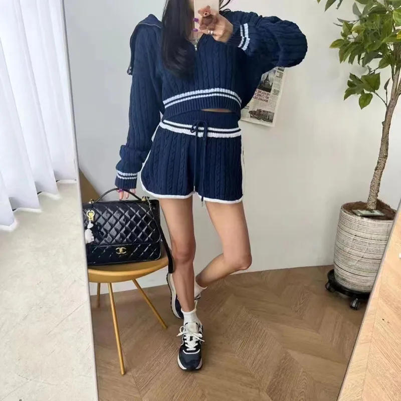 Description Picture 2 of item2023 Autumn Crop Top+Short Pants 2 Piece Sets Women Outfits Korean Knitted Stripe Zipper Two Piece Suits Female Fashion Clothes