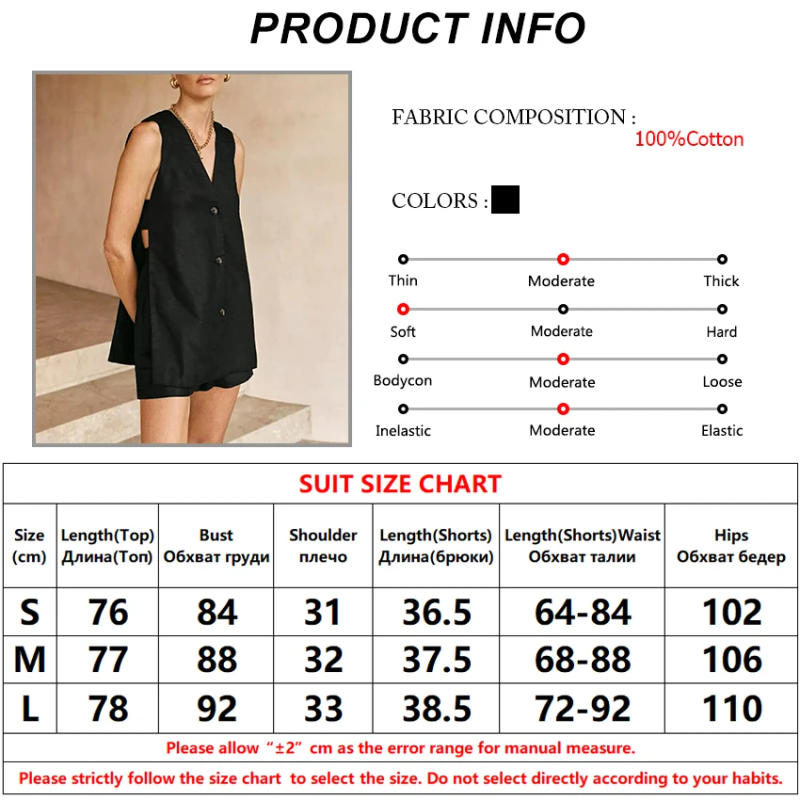 Description Picture 2 of itemBclout Summer Black Linen Shorts Sets Womens 2 Pieces Fashion V-Neck Buttons Sexy Tops Elegant Cotton Wide Leg Shorts Suits Chic