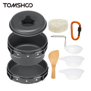 Tomshoo 10pcs Camping Cookware Mess Kit Cookset Outdoor Cooking Equipment Pot Pan Bowls Backpacking Hiking Gear Camping Supplies