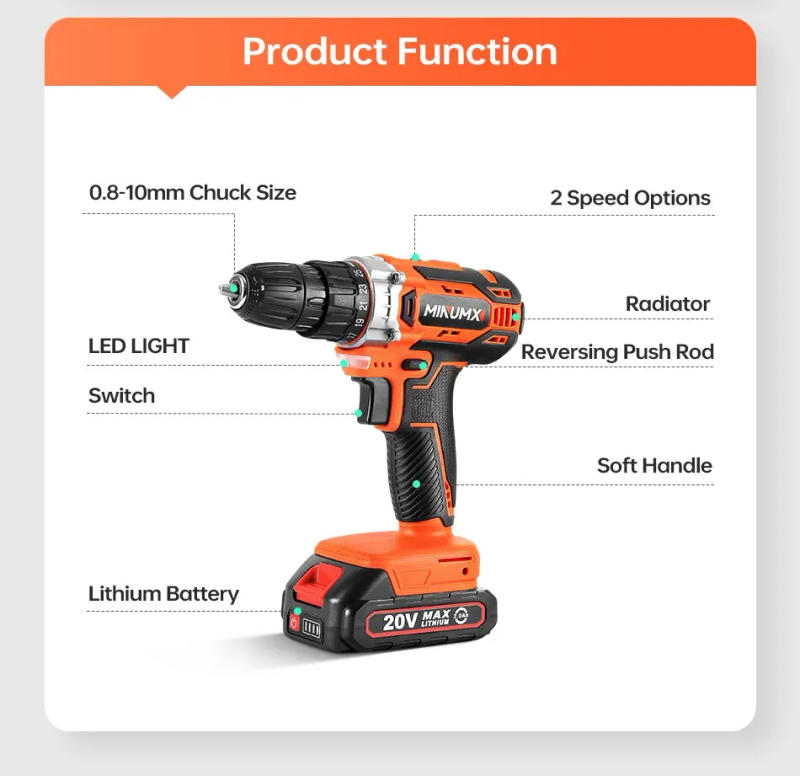 Description Picture 4 of itemMINUMX 20V Cordless Drill 40N.m 25 Plus 1 Electric Screwdriver Keyless Chuck Two Gear Speed Wireless Power Driver Battery Tools