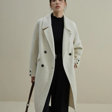 DUSHU 100% Wool Temperament Coconut Milk White Long Woolen Coats Contrasting Button Design Office Lady Drop Sleeve Wool Jackets