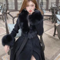 Women Winter Woolen Coats Fur Collar Scarf Cuff Set Warm Fashion Luxury Overcoat Scarves Shawls Female Elegant Solid Thick Coats