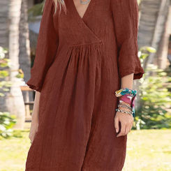ZANZEA Bohemian Elegant Dress Solid Color 3/4 Sleeve V-Neck Knee Length Dresses Female Fashion Casual Vintage Holiday Loose Robe
