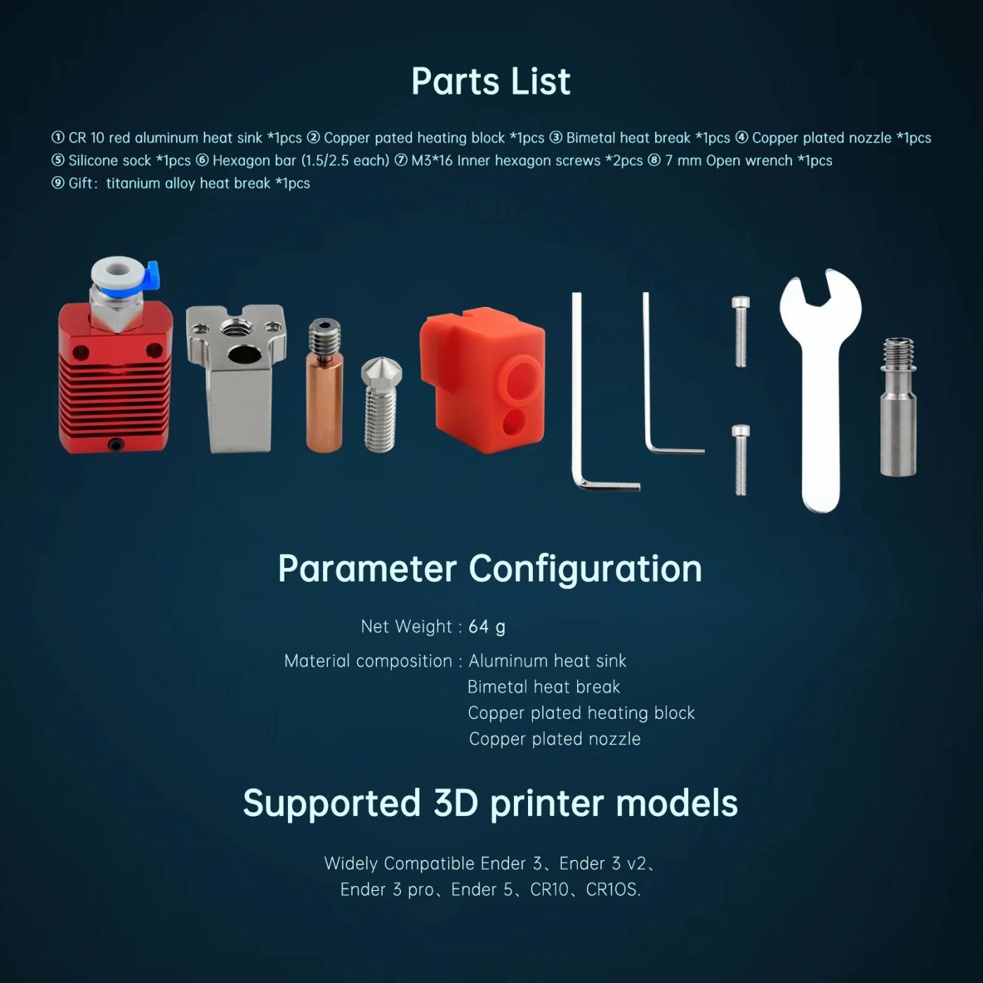 Description Picture 5 of itemEnder3 High Temperature Hotend Kit Reach To 550℃ Copper Plated Volcano Nozzle Heating Block Bi-Metal Throat CR10 Extruder Hotend