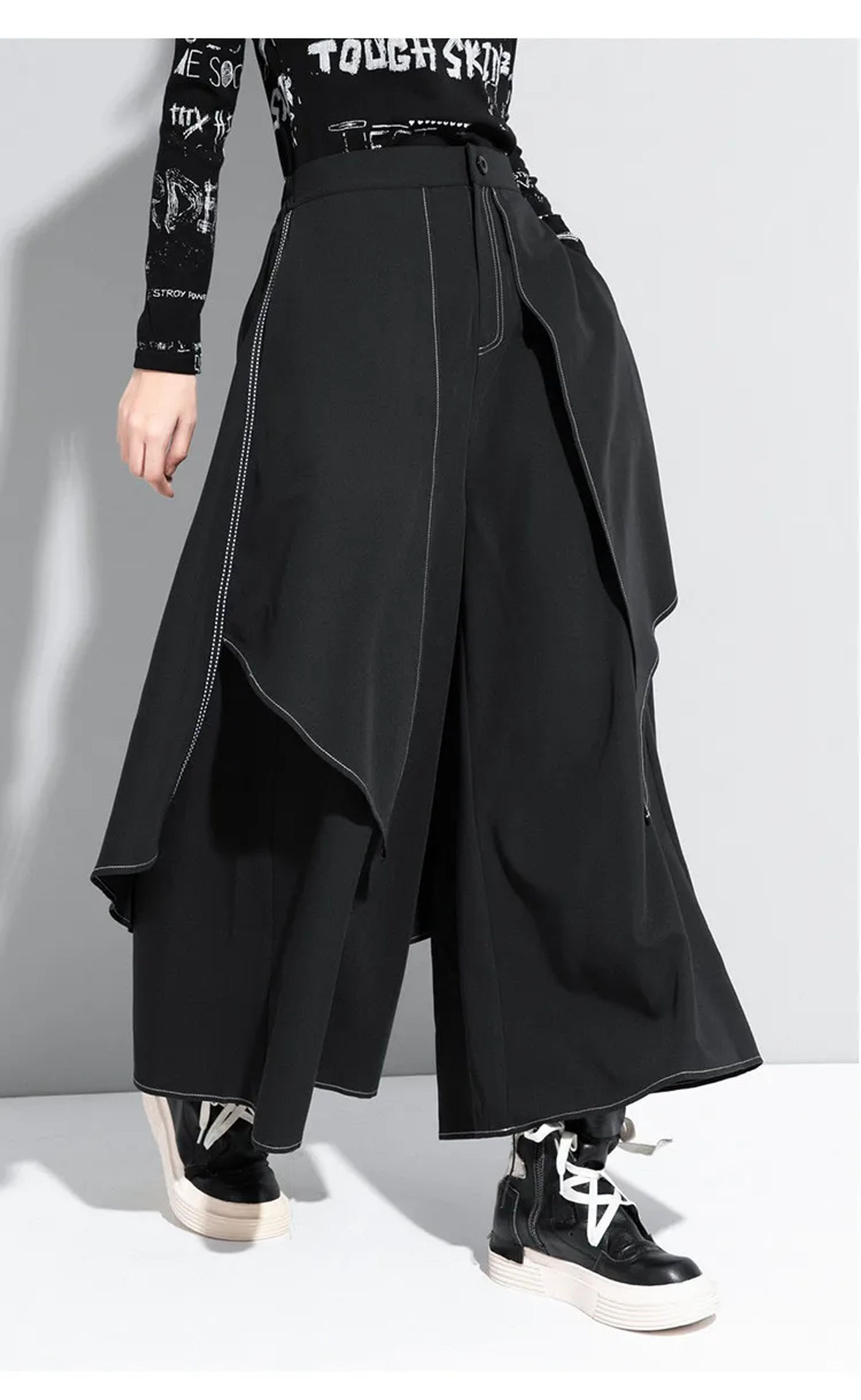 Description Picture 6 of itemXITAO Black Fake Two Piece Pants Women Loose Fashion Simple Irregular All Match Streetwear 2020 New Autumn Wide Leg Pants ZP3534