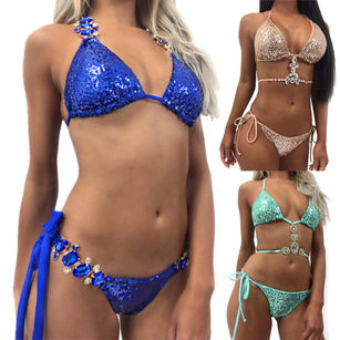 Sexy Sequins Rhinestone Bra Briefs Bikini Set Women Summer Swimwear Bathing Suit