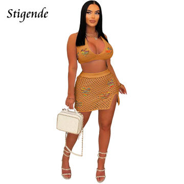 Women Summer Beach Two Piece Skirt Set Heart Shaped Knitted Cover Up Swimwear Halter Bandage Push Up Bra and Split Mini Skirt