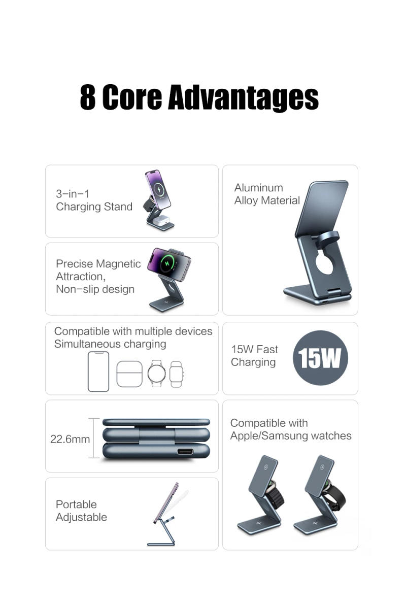 Description Picture 5 of itemPortable 3 in 1 Foldable Wireless Charger Stand Dock for iPhone 15 14 Holder Magnetic Fast Charging Station for Apple Watch S8