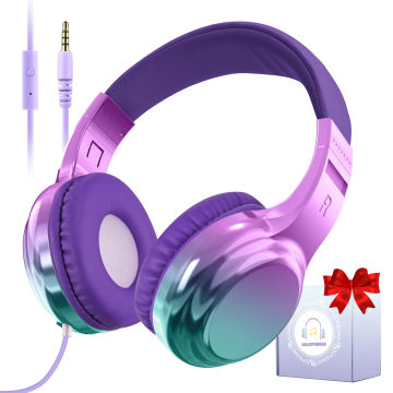 Girls Wired Headphones Kids Leather Pink Foldable Stereo Earphones Noise Cancelling Mic for Laptop TV Children's Christmas Gifts