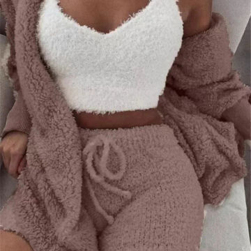 Autumn Winter 3 Piece Fluffy Outfits Plush Sexy Backless Fleece Pyjamas Women Casual Sports Sweatshirt Home Wear Sets Tracksuit