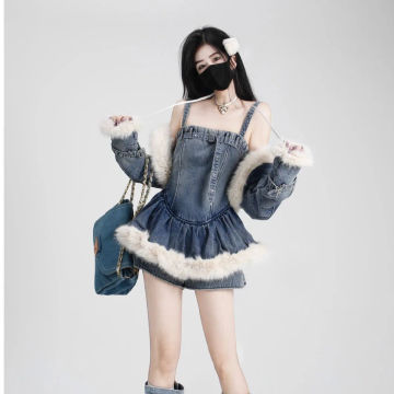 Retro Sexy Spicy Girl Denim Spliced Plush Women Set Autumn/Winter New Short Coat Straps Tank Tops Shorts Skirts Three Piece Set