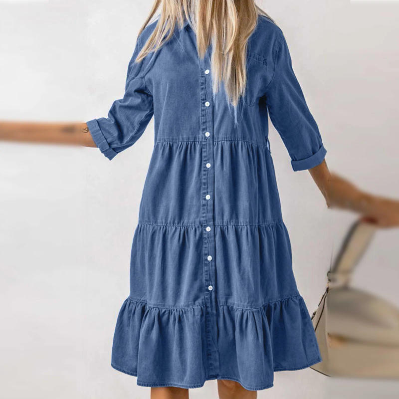 Description Picture 5 of itemWomen Single Breasted Solid Color Denim Shirt Dress Three Quarter Sleeve Turn Down Collar Pleated Dress Classic Streetwear Suit