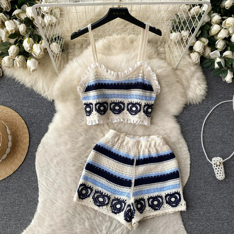 Description Picture 3 of itemSINGREINY Fashion Vacation Casual Two Pieces Women Short Camisole+ Hollow Out Wide Leg Shorts Sets Summer 2023 Knit Beach Suit