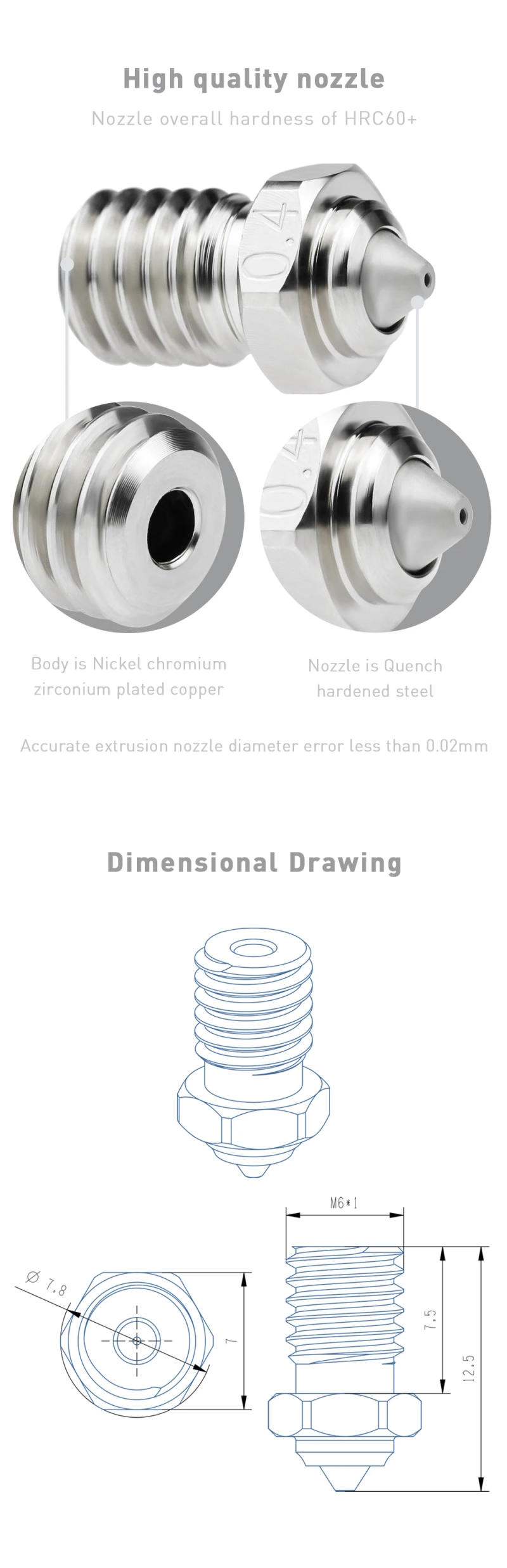 Description Picture 6 of itemE3D V6 Bimetallic MY Nozzle High quality V6 Nozzle High Temperature Resistance 0.4/0.6/0.8mm 1.75mm M6 For V6 V5 Hotend