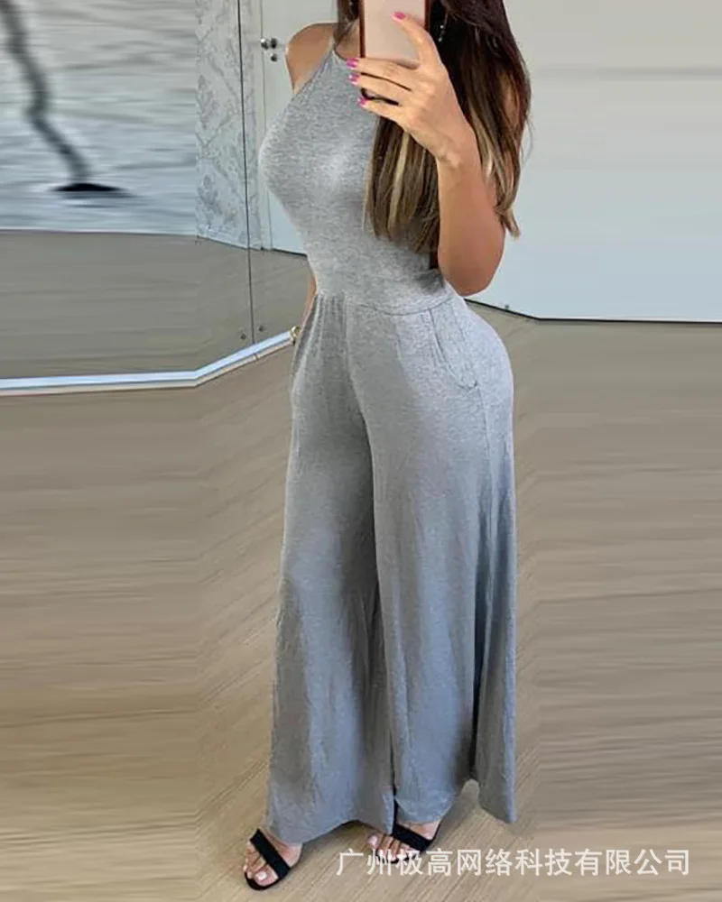 Description Picture 5 of itemHalter Cutout Pocket Design Wide Leg Jumpsuit Women Overall Pants Jumpsuit Sleeveless Hollow Out Sexy Spring Summer