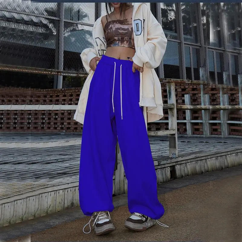 Description Picture 5 of itemStreetwear Vintage Elastic High Waist Wide Leg Pants Women Solid All-match Fashion Straight Hip Hop Loose Dance Sports Trousers