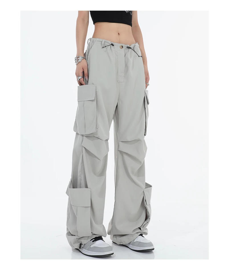 Description Picture 3 of itemQWEEK Cyber Y2K Gray Cargo Pants Women Oversized Hip Hop Streetwear Wide Leg Parachute Trousers Egirl Harajuku Pockets Pantalon