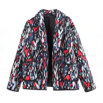 Women's Fall Winter Colourful Printed Quilted Padded Jacket Coat Lapel Loose Long Sleeve Cardigan Jackets Female Warm Outerwear