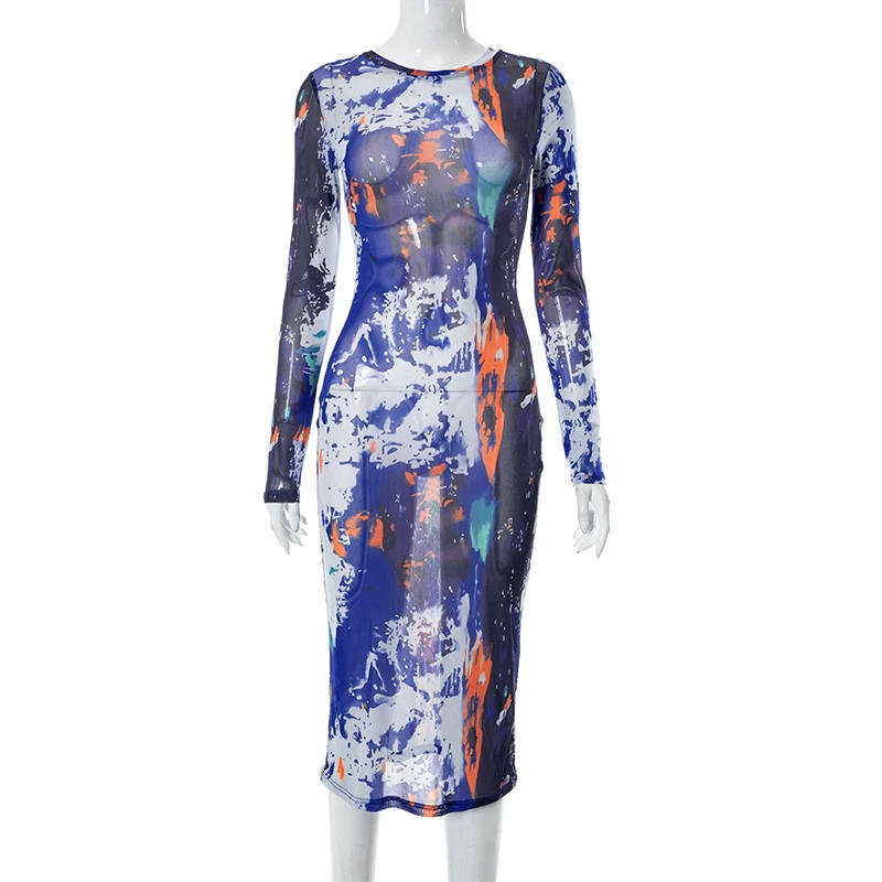 Description Picture 6 of itemCUTENOVA Autumn Colorful Ink Splash Print Round Collar Full Sleeves Mesh Dress Women Luxury Sheering Slimfit Stylish  Outwear