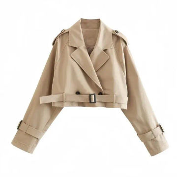 Khaki Women's Casual Lapel Double Breasted Trench Jacket Autumn Winter Fashion Jacket Cropped Pea Coat Outwear With Belt