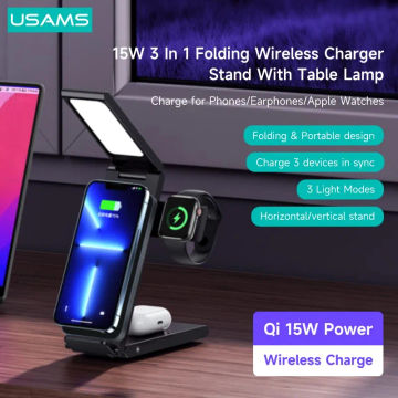 USAMS 15W 3 in 1 Foldable Wireless Charger Stand With Table Lamp For iPhone 13 12 Series Apple iWatch AirPods Pro Case Android