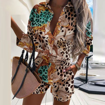 2023 Summer Shirts Two Peice Set For Women Casual Leopard Print Shorts Suit Half Sleeve Tops 2 Piece Set Button Shirt Outfits