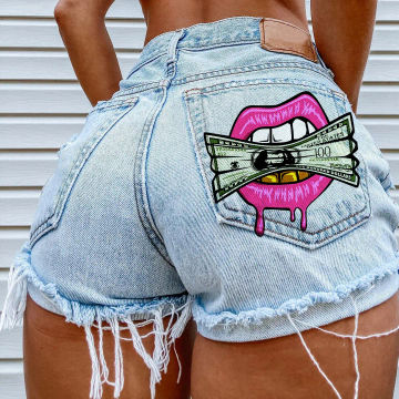 Hot Summer Women's Shorts Pockets Printed Pattern  Big Stone Love Ripped Raw INS Influencer