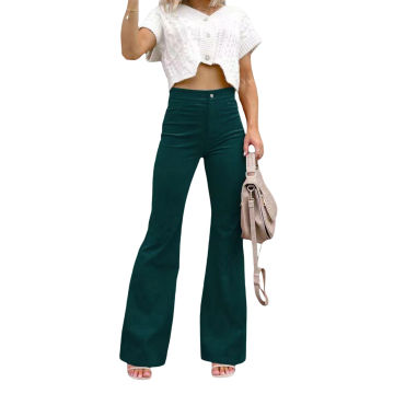 Women Corduroy Flared Pants Solid Color Casual Stretch High Waist Bootcut Bell Bottom Trousers Streetwear
