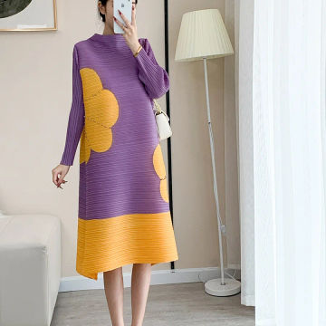 2023 Autumn Long Sleeve Elegant Round Neck Fashion Vesidos Women's Flower Loose Relaxed Contrast Color Korean Dresses