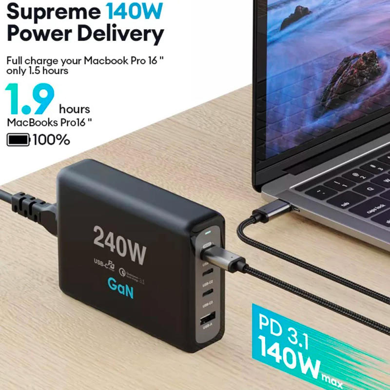 Description Picture 4 of item240W USB C Wall Charger 4-Port PD 100W 200W PPS65W GaN2 Fast Charging Station Laptop Travel Adapter for MacBook Pro iPhone14 13