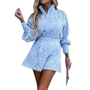 Women Shirt Top Shorts Solid Color Embroidery 2 Piece Pant Set Long Sleeve Single Breasted Sexy Style Standing Neck Daily Outfit