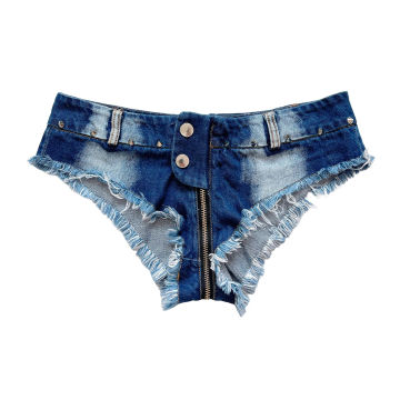 Erotic Women Zipper Crotch Denim Shorts Low Rise Hot Pants Jeans Mini Shorts Panties for Rave Festival Nightclub Pub Stage Show