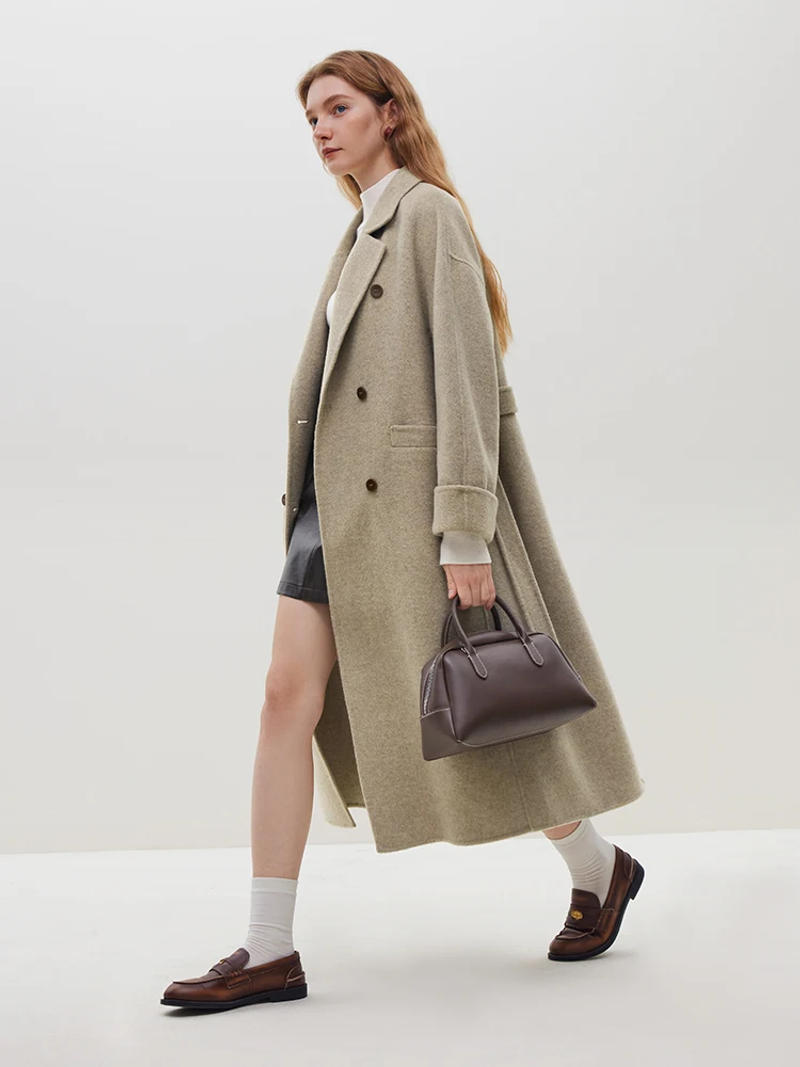 Description Picture 6 of itemFSLE 100% Wool Black Temperament Long Double Breasted Woolen Jackets 60.6% Wool 10.5% Silk Belt Design Female Beige Apricot Coat