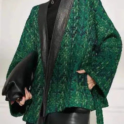 UCXQ Winter Tweed Jacket Knitted Weave Design PU Leather Patchwork Korean V-neck Cloak Loose Lace Up Green Woolen Coat 10AB3652