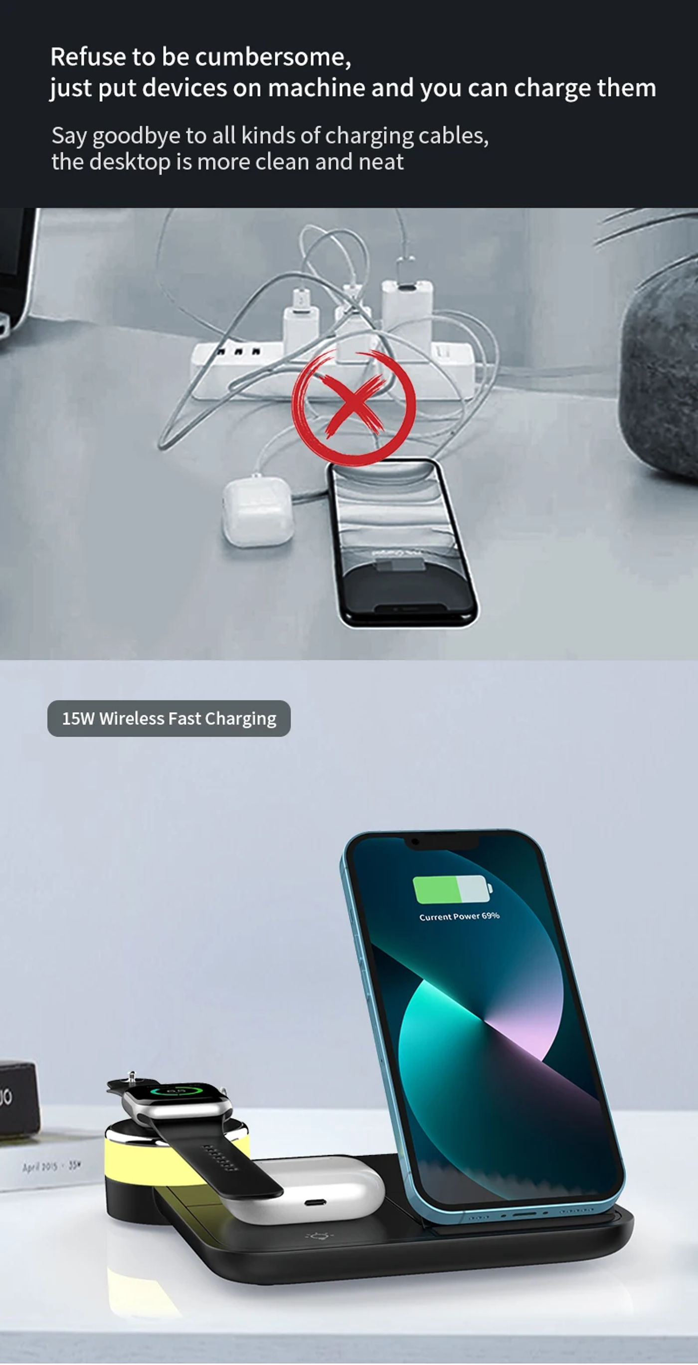 Description Picture 5 of item3 in 1 Wireless Charger For iPhone 13 12 11 Pro Max Mini XS XR Fast Wireless Chaging Station Clock For Samsung Galaxy S21 S20