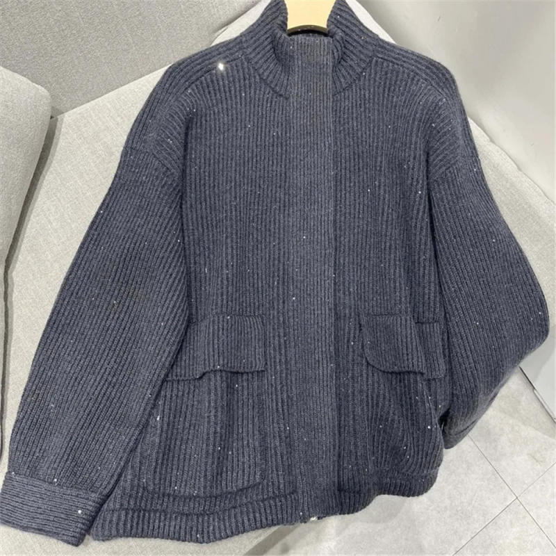 Description Picture 6 of itemB*C Women's Sequined Cashmere Knitted Jacket Casual Stand Collar Zipper Cardigan Top's 2023 New