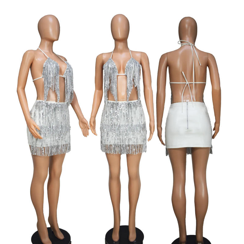 Description Picture 3 of itemTwo Piece Set Women Halter Crop Top Shorts Skirt Sets Matching Outfits Fringe Tassel Sexy Sequin Clothes  Backless Club