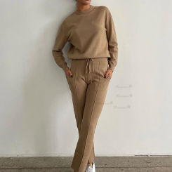 Hirsionsan Winter Cashmere Women Knitted Suits Soft 2 Pieces Cusual Female Sets O Neck Sweater & Harem Pants Knitted Outfit 2023