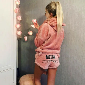 New Women Coral Velvet Suit Two Piece Autumn Winter Pajamas Warm Sleepwear Cute Cat Meow Pattern Hoodies Shorts Sets