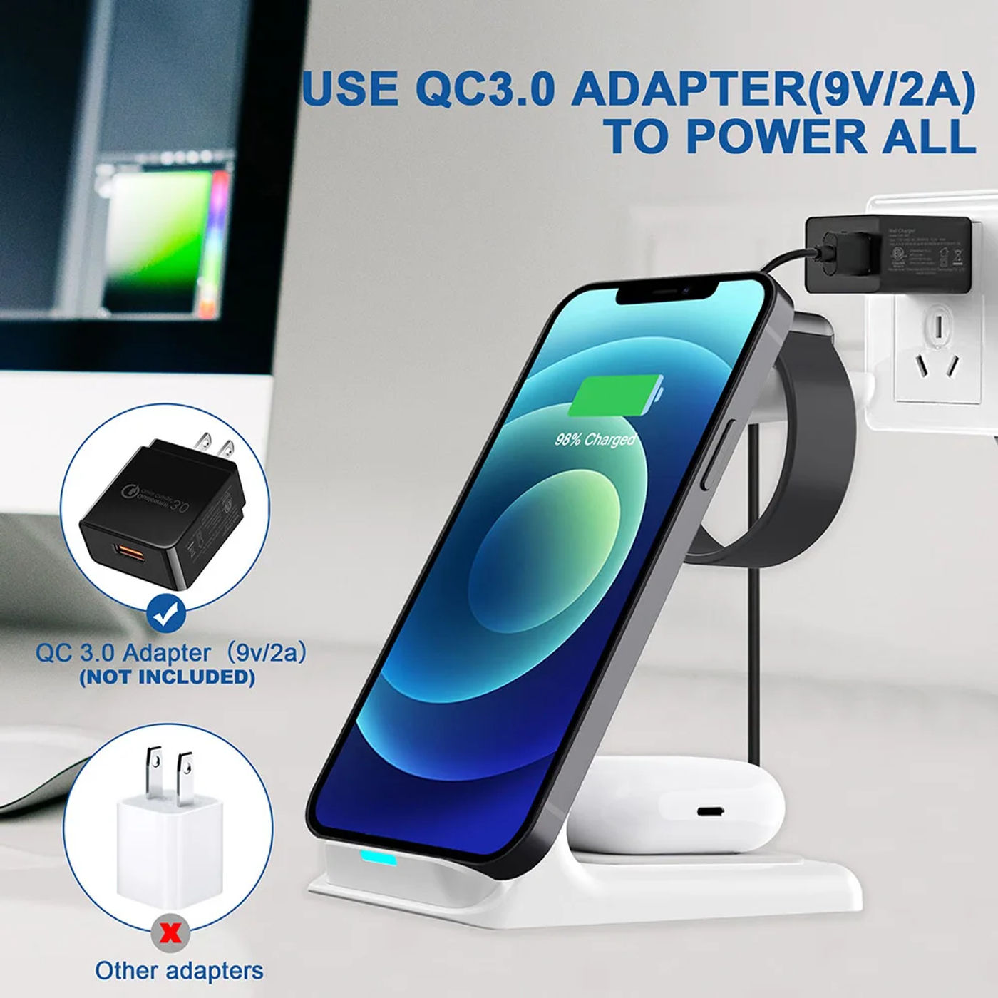 Description Picture 5 of item3 in 1 20W  Wireless Charger Stand Dock For Apple Watch 7 AirPods iPhone 14 13 12 11 XS XR X 8 Induction Fast Charger Station