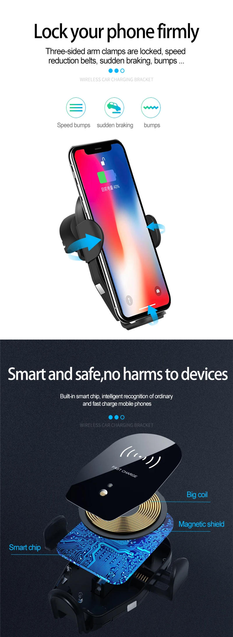 Description Picture 4 of itemCar Wireless Charger Infrared Smart Sensor Fast Charge Micro Type-c Interface iPhone Samsung Google Mobile Phone Holder Anker