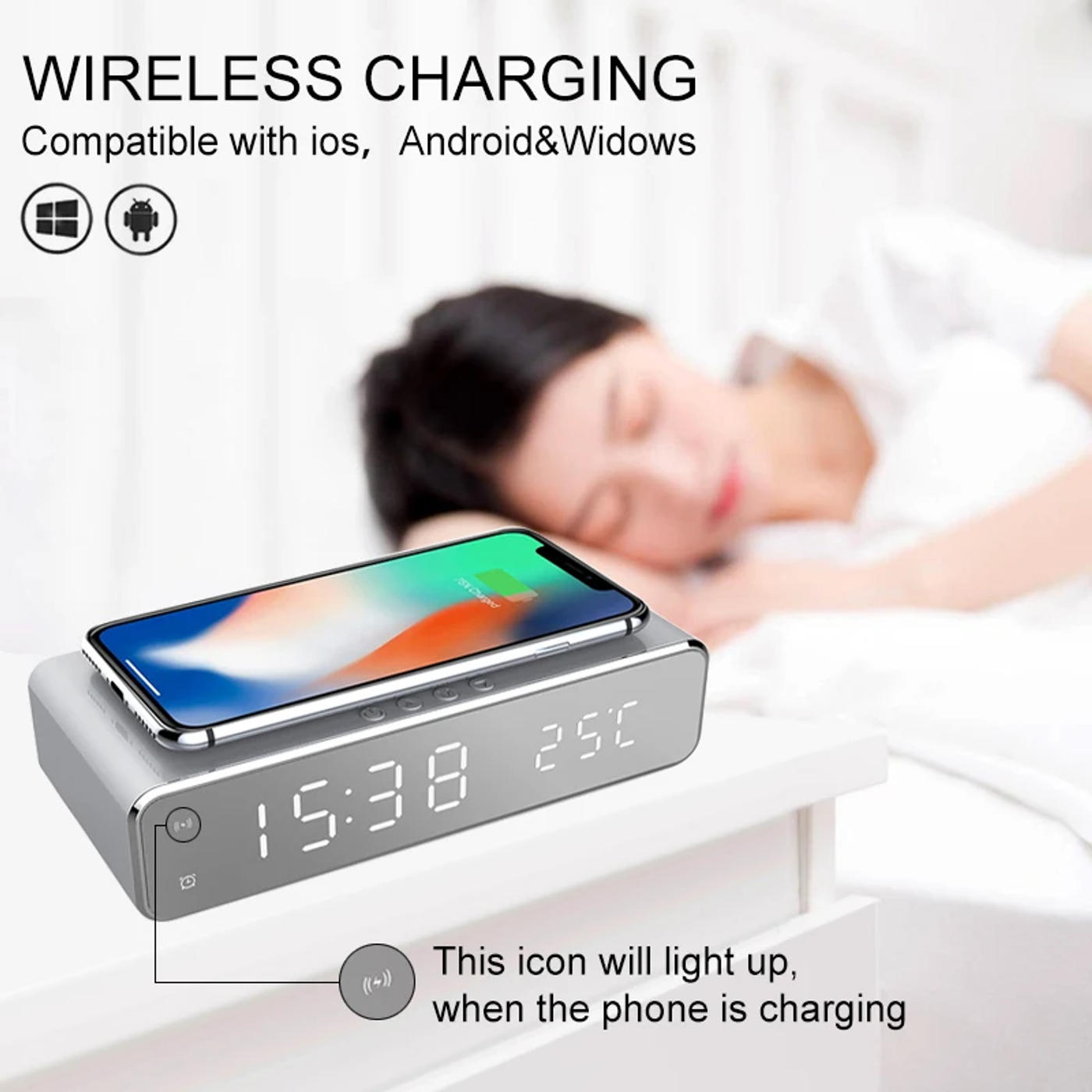 Description Picture 2 of item2023 new LED Alarm Clock QI Wireless Charger For iphone Samsung Huawei With Digital Thermometer Date Display Electric Clock