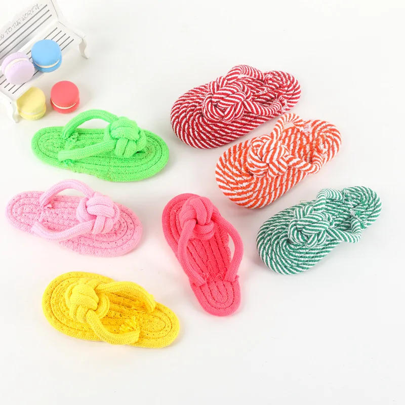 Description Picture 2 of itemCandy-colored Striped Cotton Rope Slippers Pet Toys Dog Chewing Molar Rope Knot Toy Dog Toys Pet Products Dog Accessories
