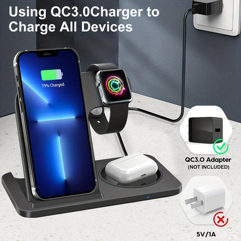 Description Picture 6 of itemFoldable 3 In 1 Wireless Charger Stand Pad For iPhone 15 14 13 12 11 XR Apple Watch 8 7 6 Airpods Pro Fast Charging Dock Station