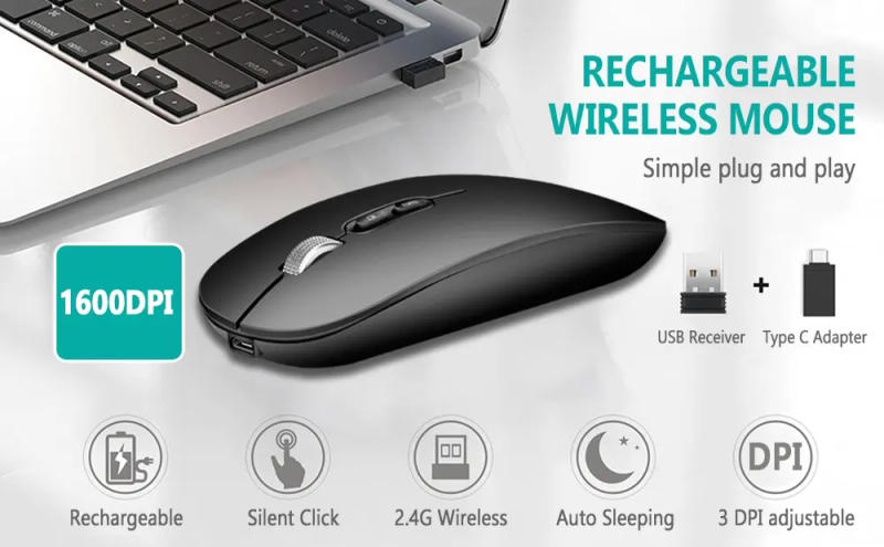 Description Picture 2 of itemWireless Mouse 2.4GHz Slim Rechargeable Silent Click Ergonomic 3 DPI Adjustable with Type C Adapter for Laptop PC Macbook