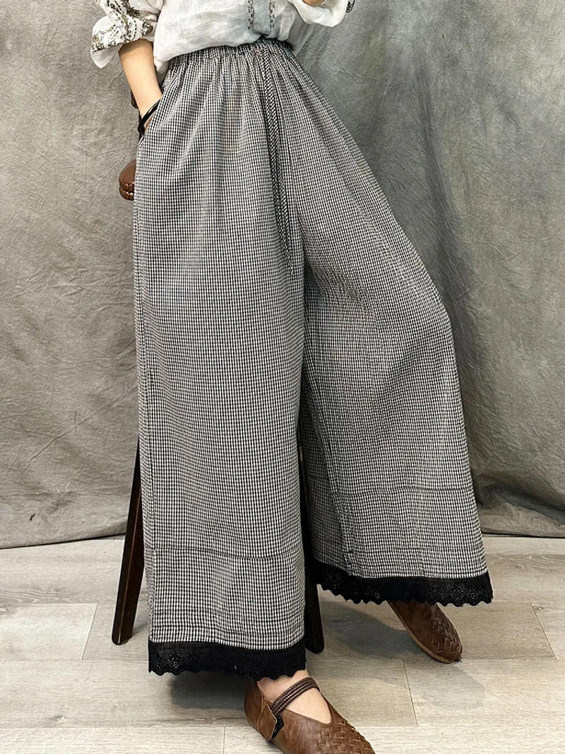 Description Picture 5 of itemSummer Women Wide Leg Pant High Waist Drawstring Loose Oversize Pant Plaid Trousers Skirt Pants Retro Casual Streetwear Ladies